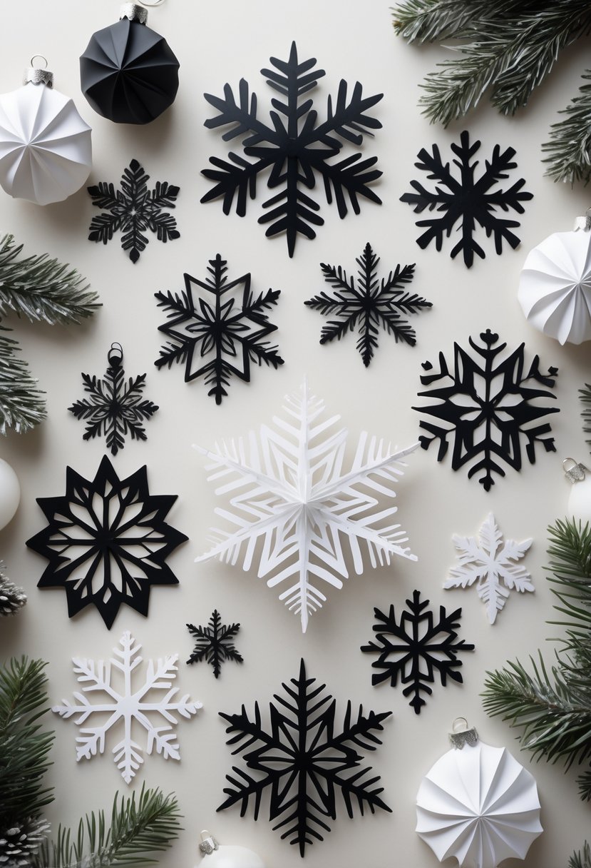 A collection of black and white paper snowflakes arranged with monochrome Christmas decorations on a neutral background.