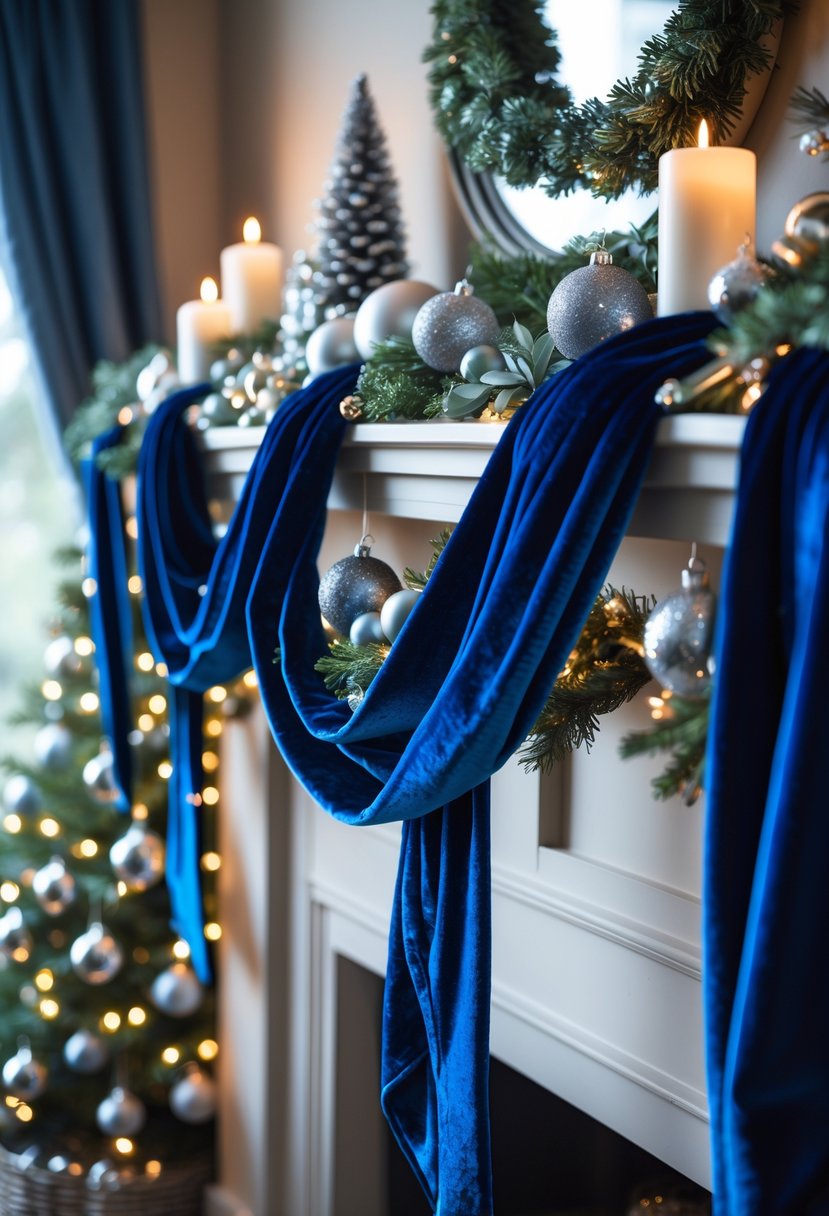 A living room mantel decorated with blue velvet ribbons, silver ornaments, candles, and pinecones for Christmas.