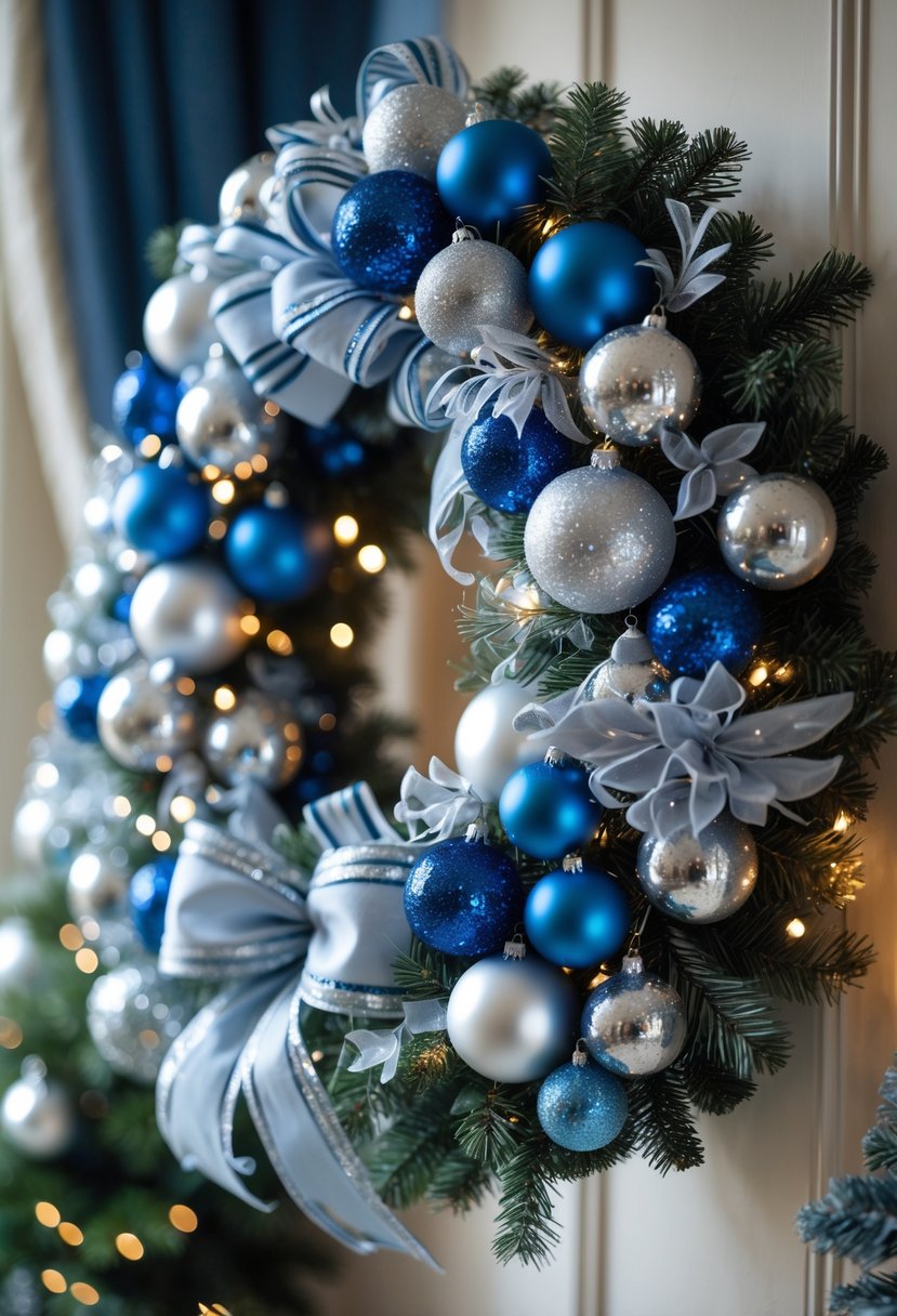 A silver and blue Christmas wreath decorated with lights and ornaments hanging on a wall.