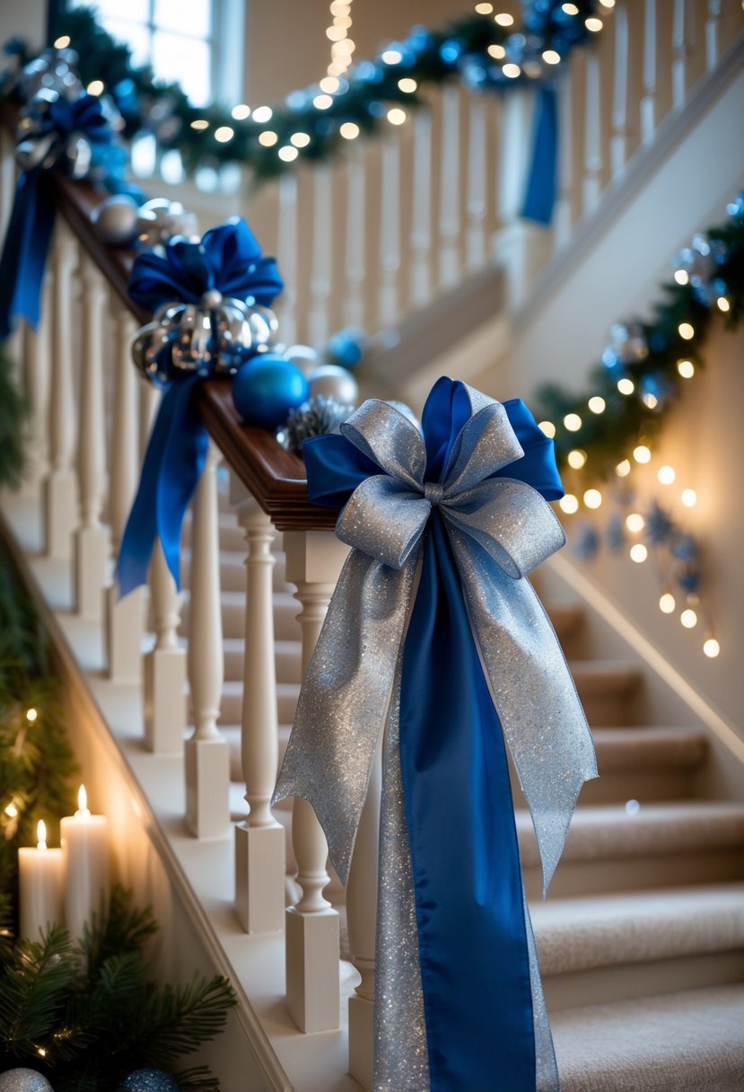 A staircase decorated with blue and silver ribbon garlands and Christmas ornaments in a cozy home.