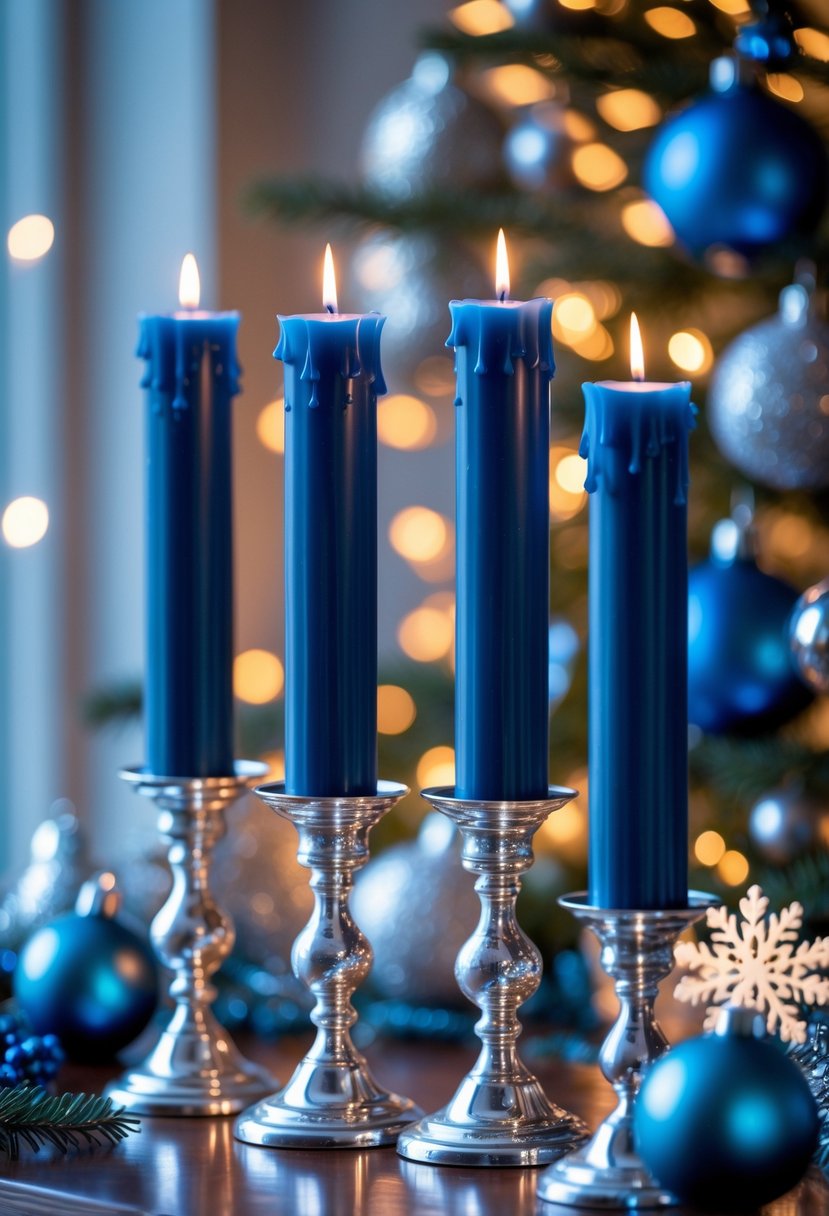 Silver candle holders with blue candles surrounded by blue and silver Christmas decorations on a wooden surface.