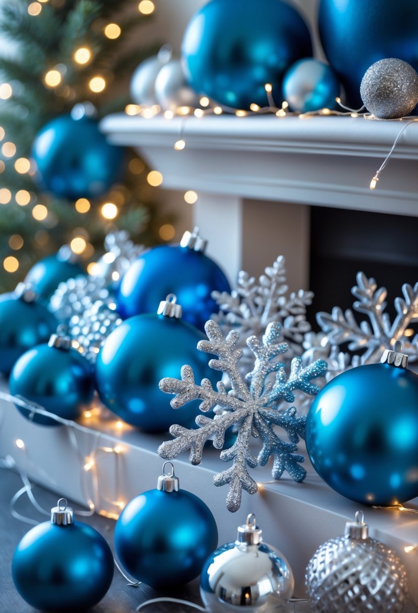 Clusters of electric blue and silver Christmas ornaments arranged on a mantel and tabletop with evergreen branches and fairy lights.