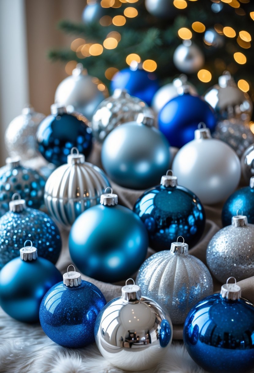 An arrangement of blue and silver glass baubles used as Christmas home decorations.