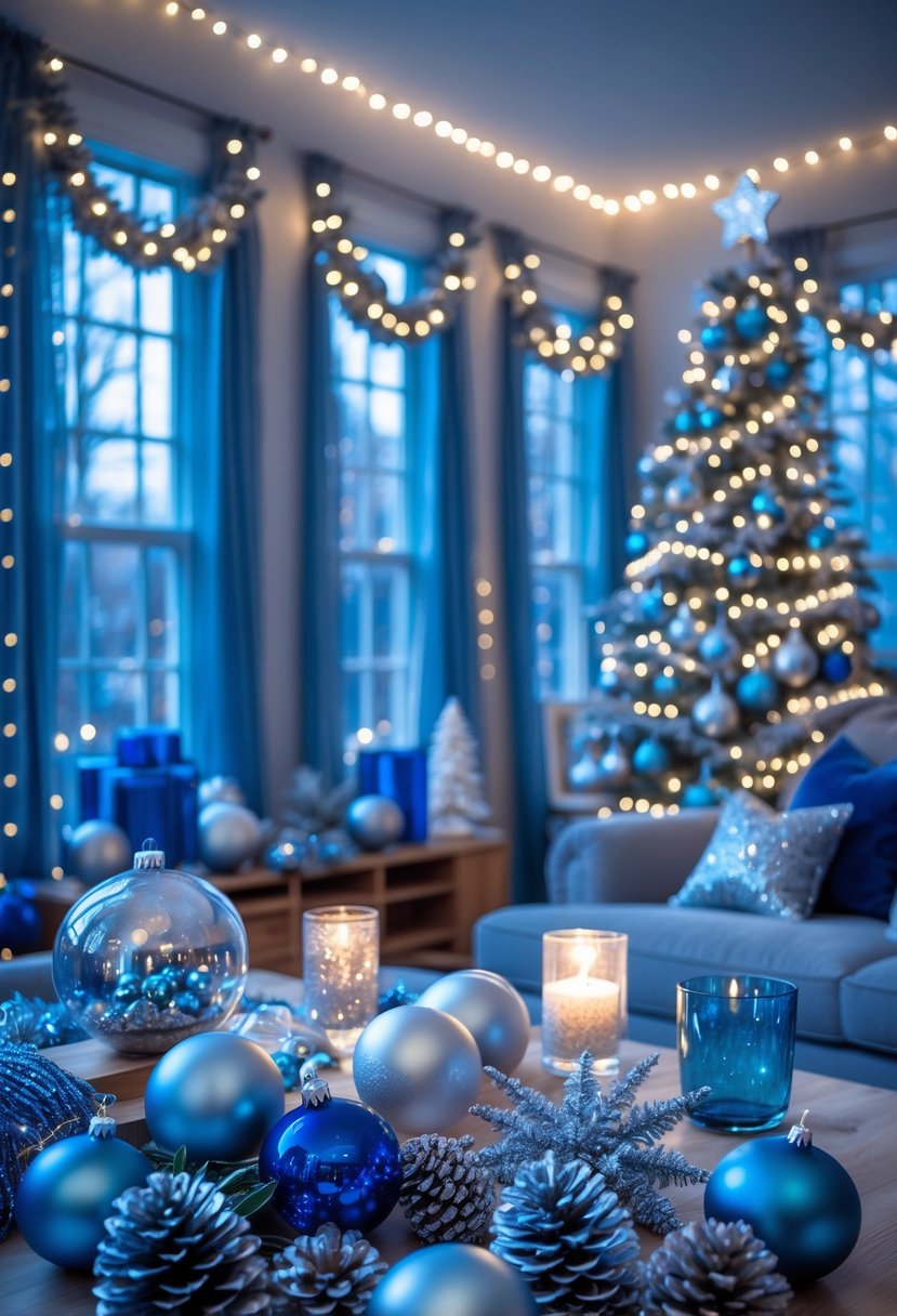 A living room decorated for Christmas with blue fairy lights around windows and various blue and silver ornaments and decorations throughout the space.