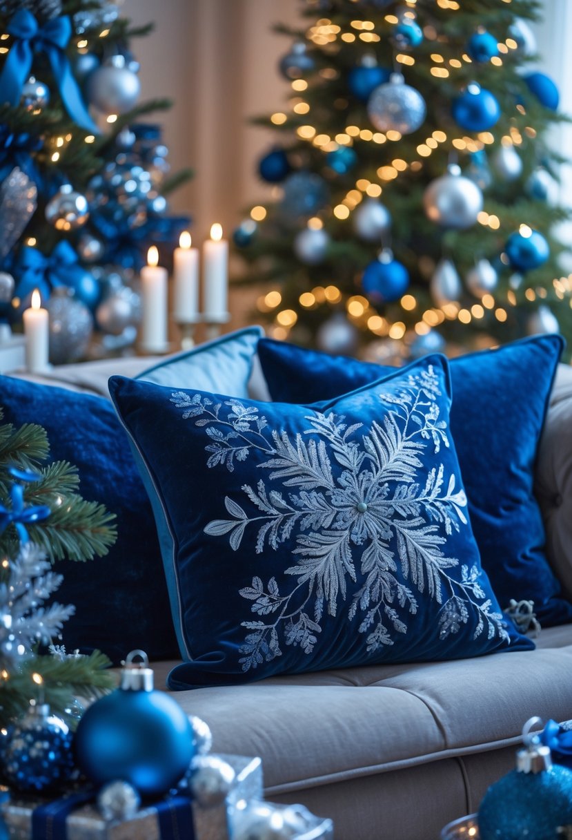 A living room with blue velvet throw pillows with silver embroidery on a sofa, surrounded by blue and silver Christmas decorations including a decorated tree.