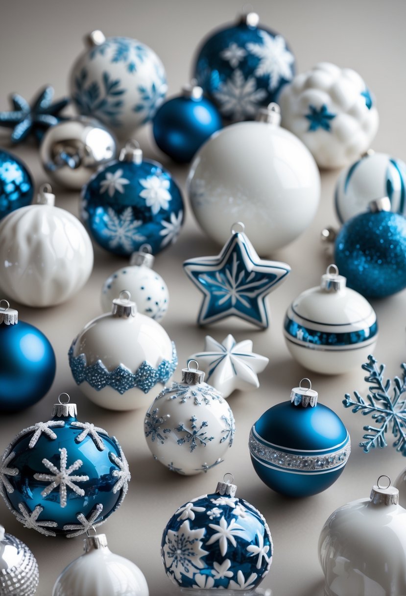 A collection of blue and white porcelain Christmas ornaments with silver details arranged together on a neutral background.