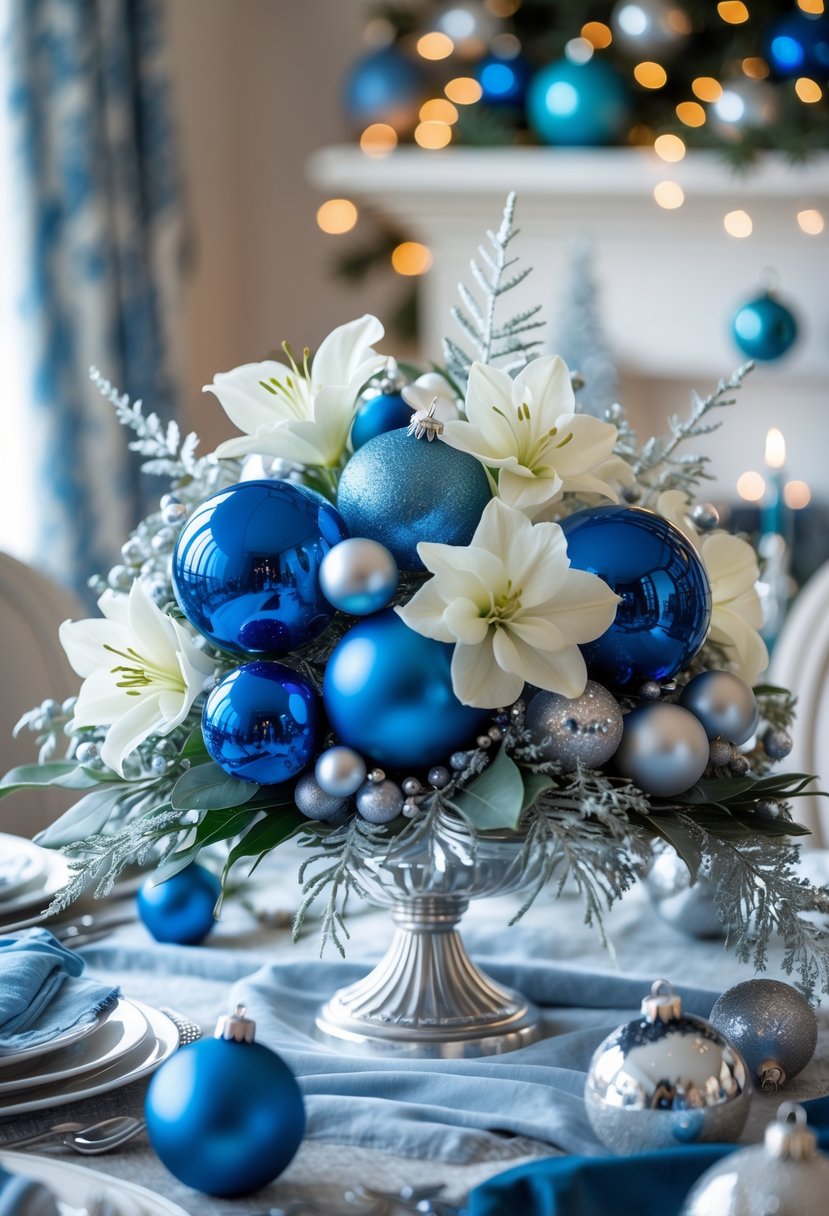 A blue and silver Christmas centerpiece with white flowers on a decorated table.