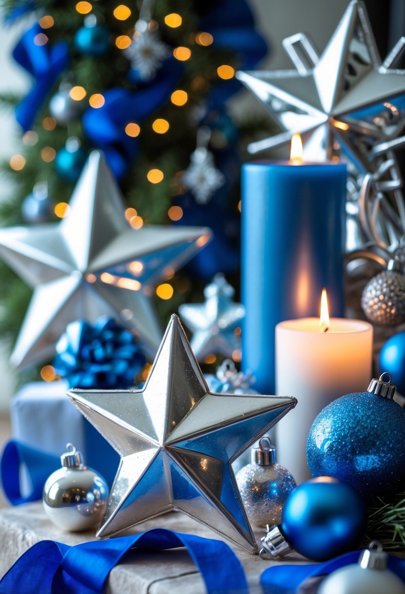A festive arrangement of silver stars and blue Christmas decorations displayed indoors.