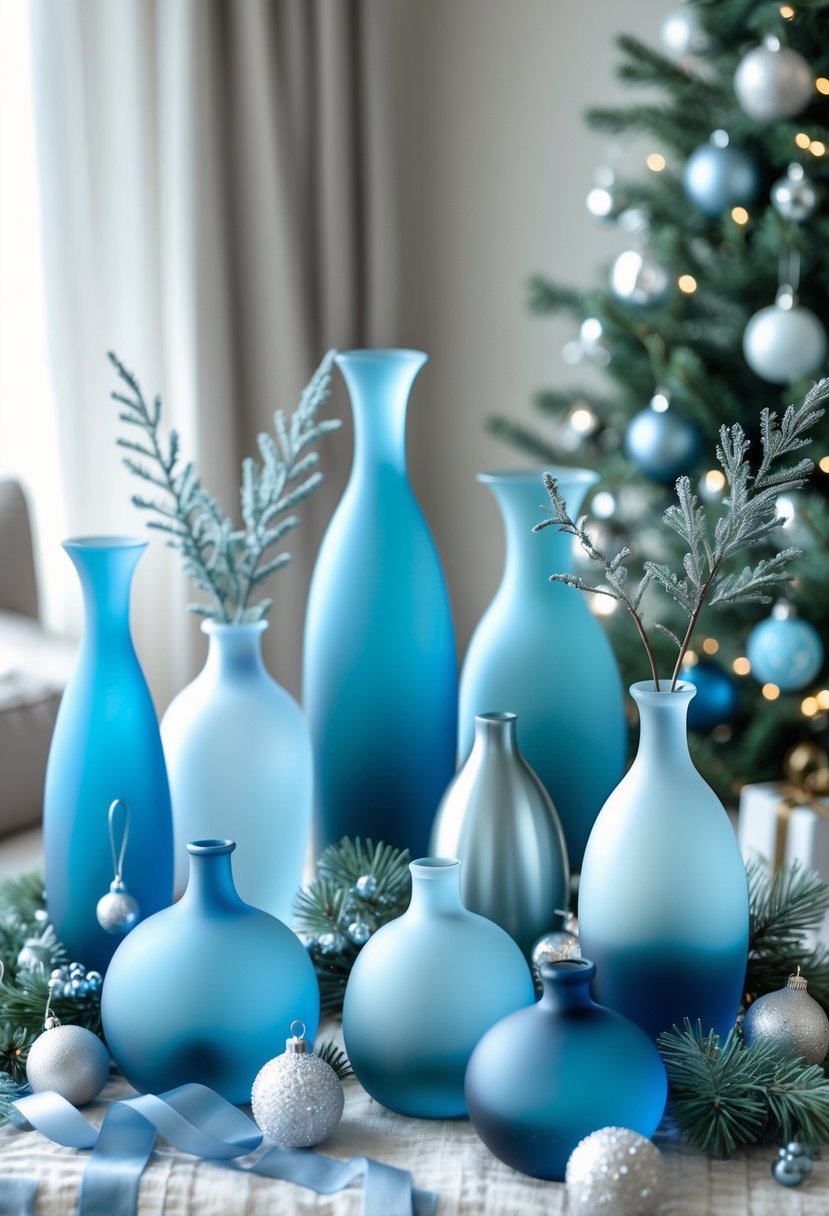 A collection of blue frosted glass vases with silver Christmas decorations arranged on a table indoors.