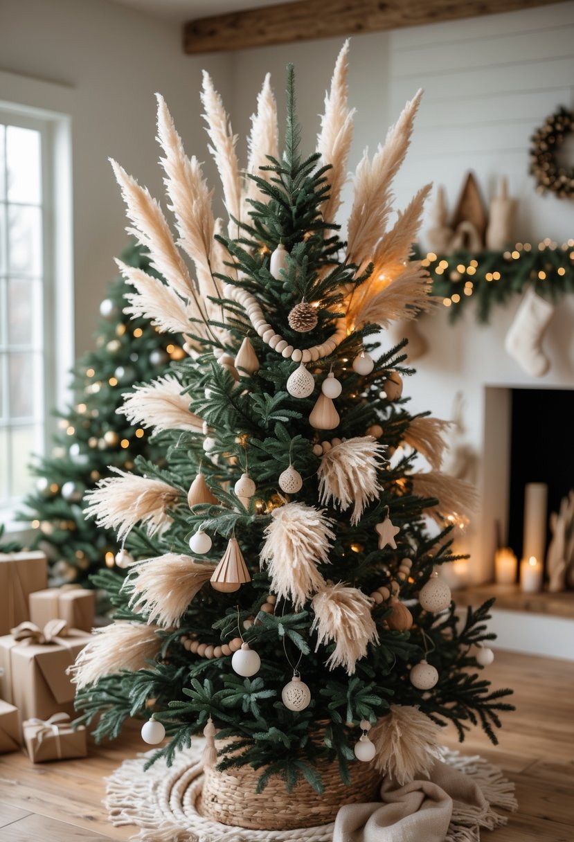 A Christmas tree decorated with pampas grass and natural ornaments in a cozy indoor setting with wrapped presents underneath.
