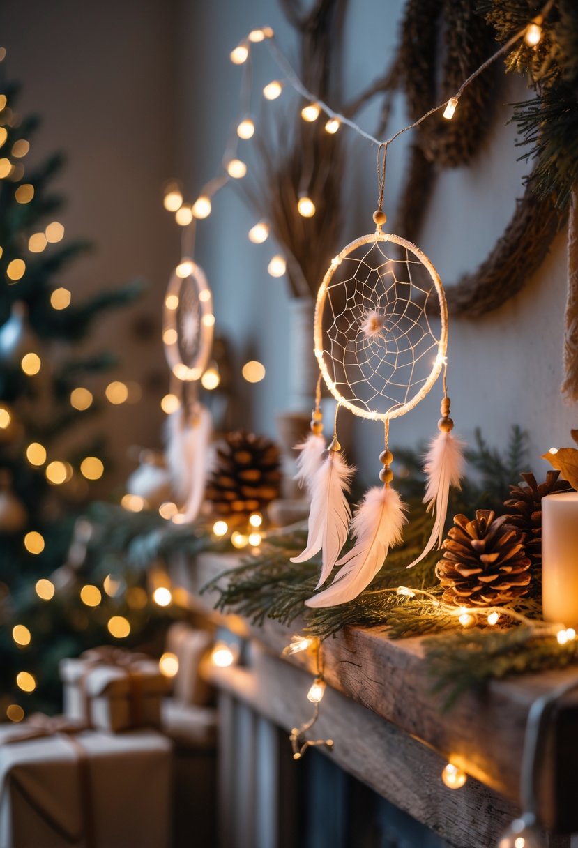 A cozy indoor Christmas scene with fairy lights and dreamcatcher garlands arranged on a wooden mantelpiece decorated with pinecones, dried flowers, and greenery.