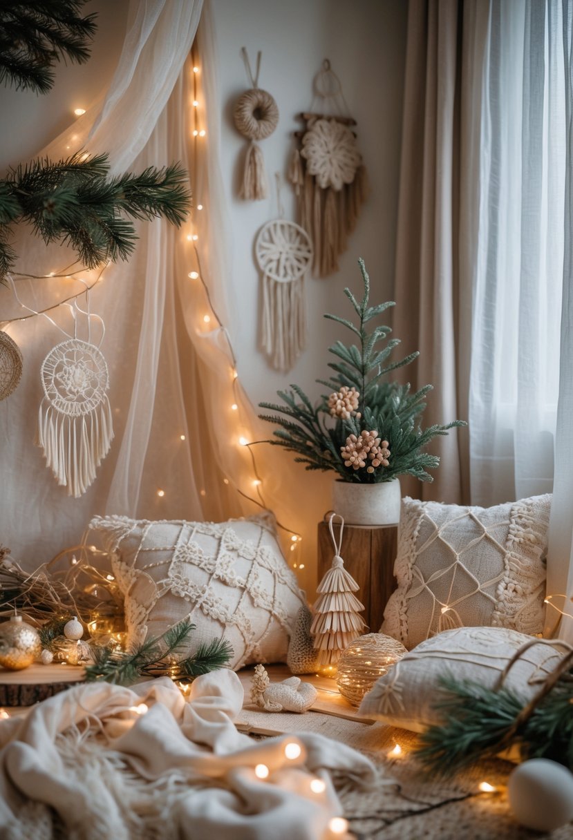 A cozy Christmas scene with sheer curtains, voile ribbons, pine branches, dried flowers, wooden ornaments, and warm fairy lights arranged on a decorated table.