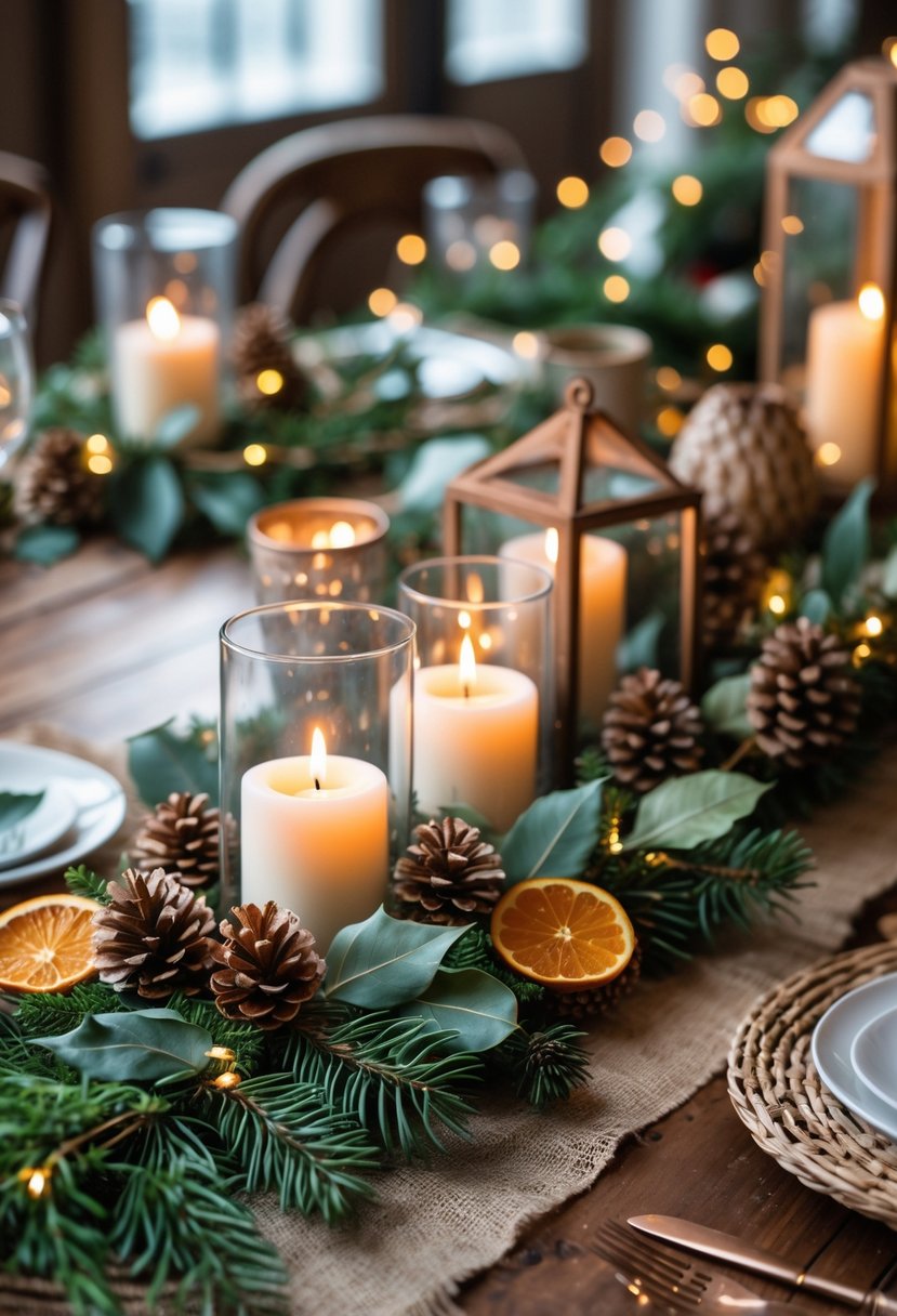 A table decorated with natural greenery, pinecones, candles, and rustic wooden accents arranged as a Christmas centerpiece.