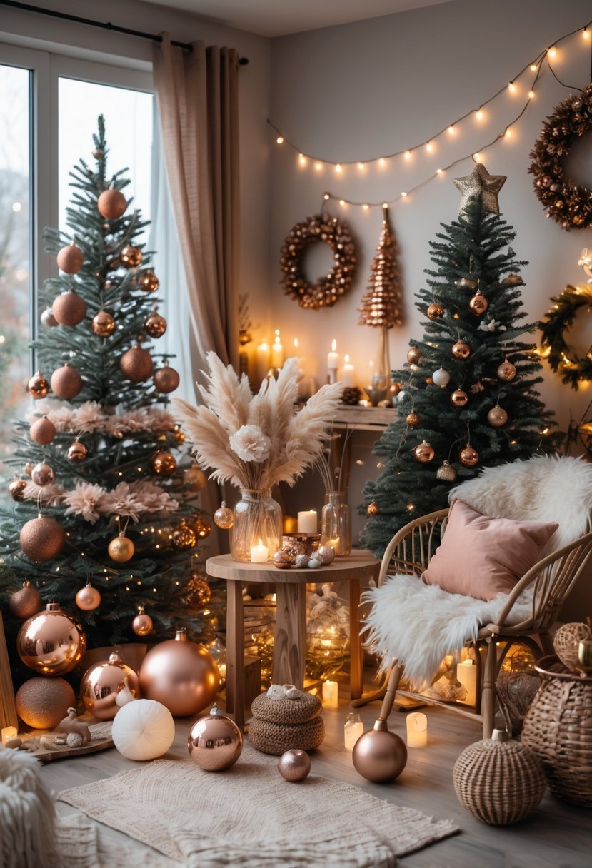A cozy indoor scene with Christmas decorations in muted copper and bronze tones, featuring ornaments, wreaths, fairy lights, dried flowers, and wooden accents arranged on tables and hanging around the room.