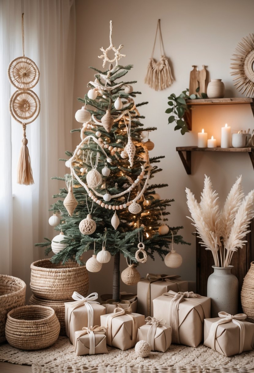 A cozy indoor scene featuring a Christmas tree decorated with natural ornaments and soft lights, surrounded by wrapped gifts and rustic holiday decorations in neutral colors.