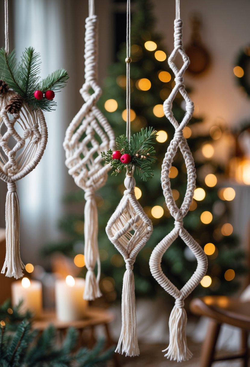 A cozy indoor scene showing macramé ornaments and wall hangings decorated with festive greenery, pine cones, and red berries, with warm lighting and holiday decorations in the background.