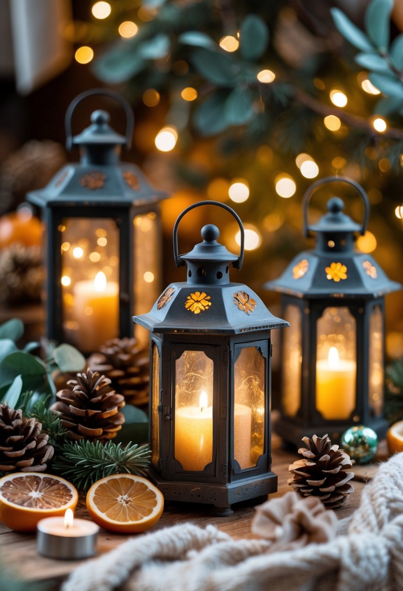 A cozy holiday scene with vintage lanterns glowing with string lights surrounded by Christmas decorations and natural elements.