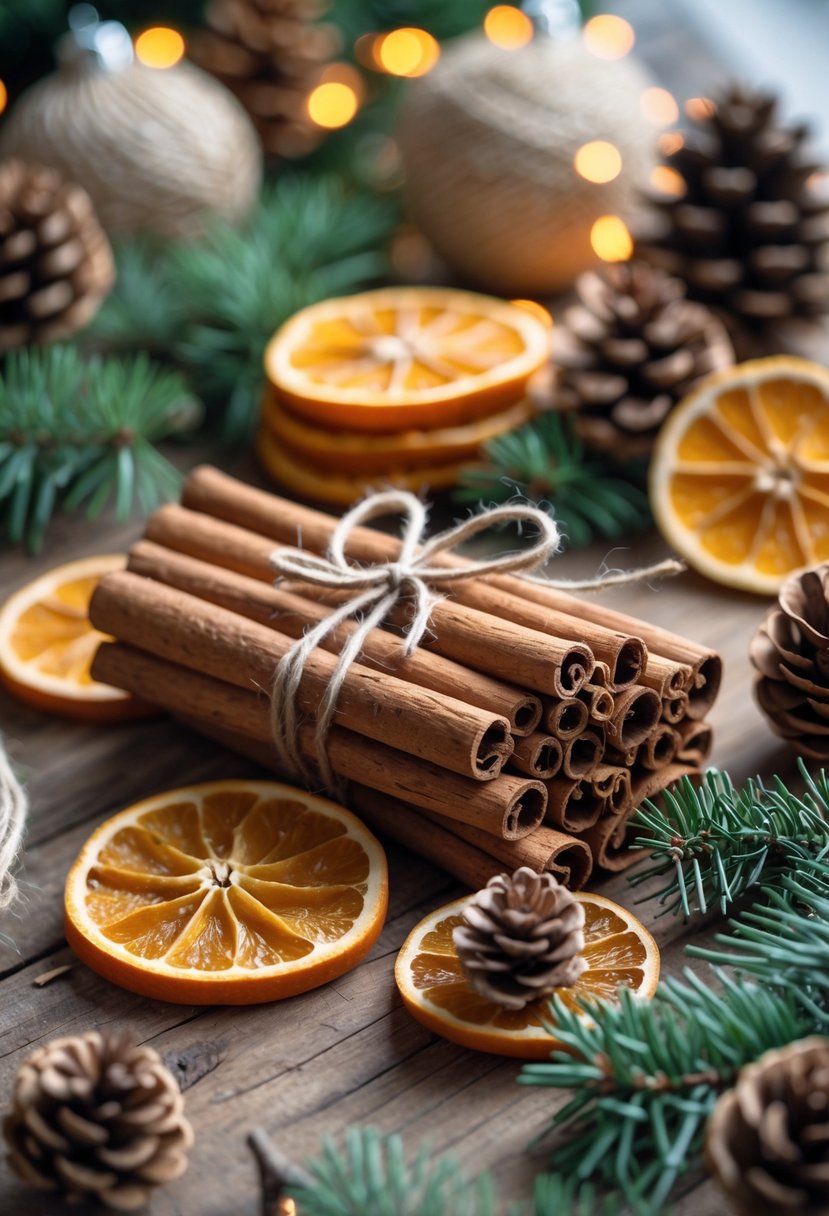 A cozy Christmas scene with dried orange slices, cinnamon sticks, pinecones, and evergreen sprigs arranged on a wooden table.