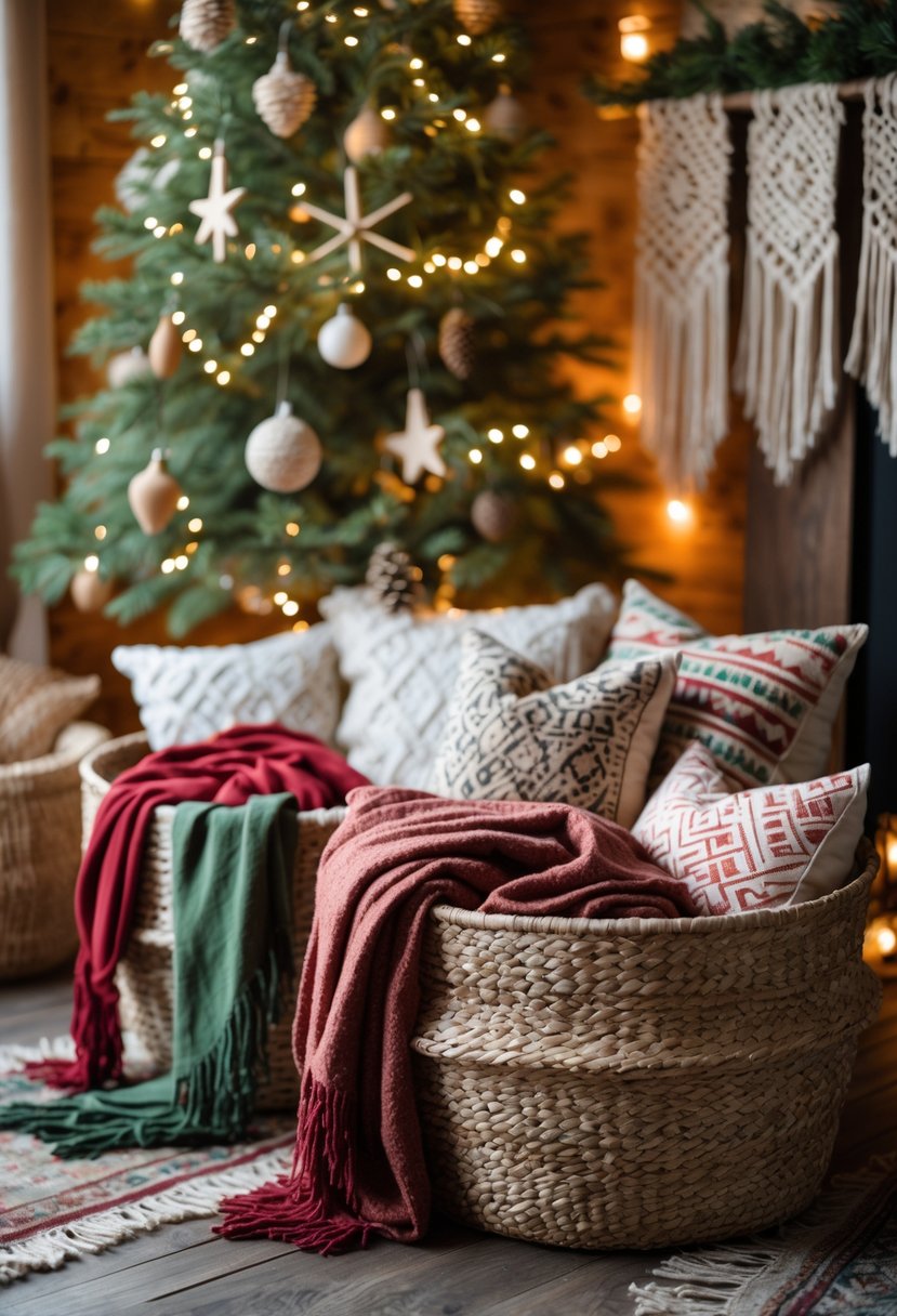 Woven baskets filled with colorful throws and pillows placed near a decorated Christmas tree in a cozy room.