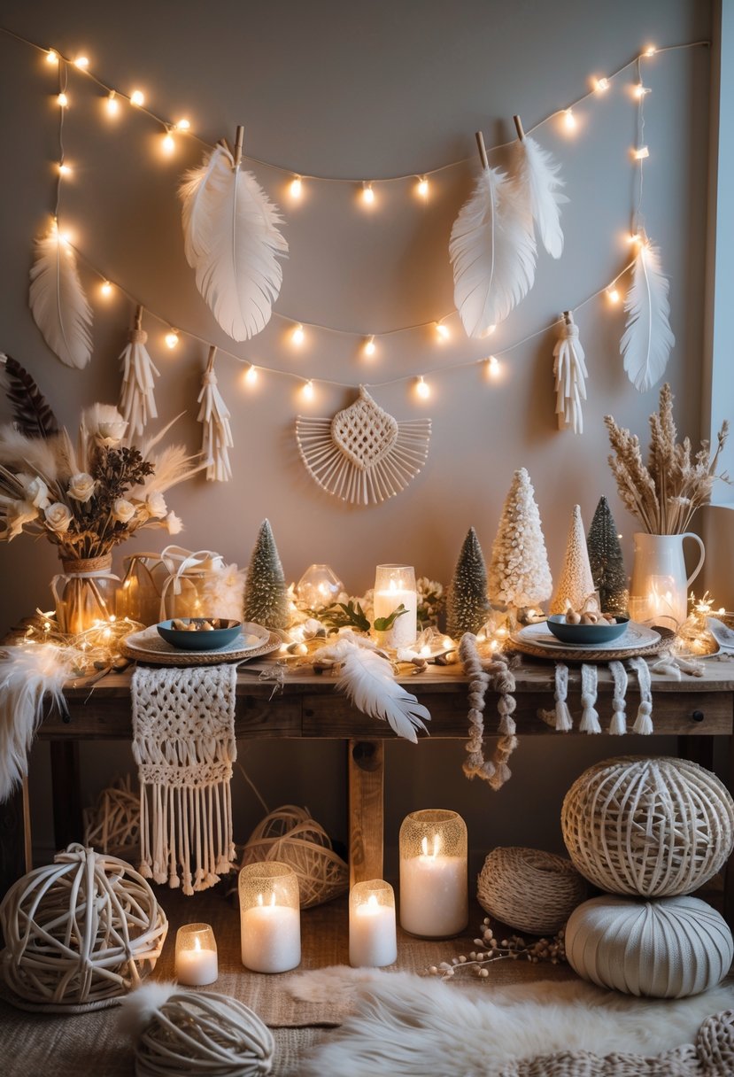 A cozy Christmas scene with feathers, crystals, fairy lights, dried flowers, and woven ornaments arranged on a wooden table.
