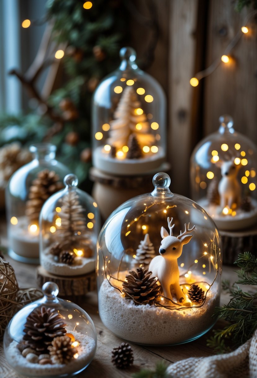 Indoor scene with glass terrariums filled with fairy lights and miniature Christmas ornaments arranged on a wooden surface.