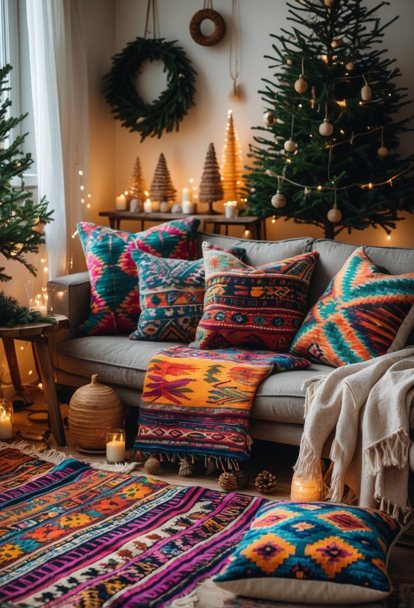 A cozy indoor scene with layered kilim rugs and patterned cushions arranged around Christmas decorations including greenery and lights.