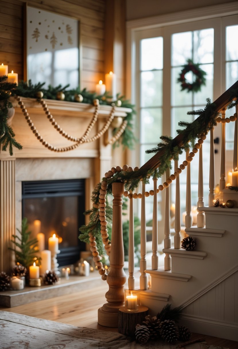 A fireplace mantel and staircase decorated with wooden bead garlands and festive holiday decorations.