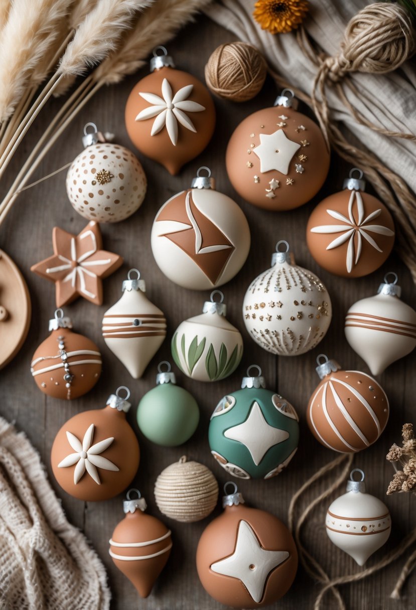 A collection of clay and ceramic Christmas ornaments arranged on a wooden surface with dried flowers and natural decor.