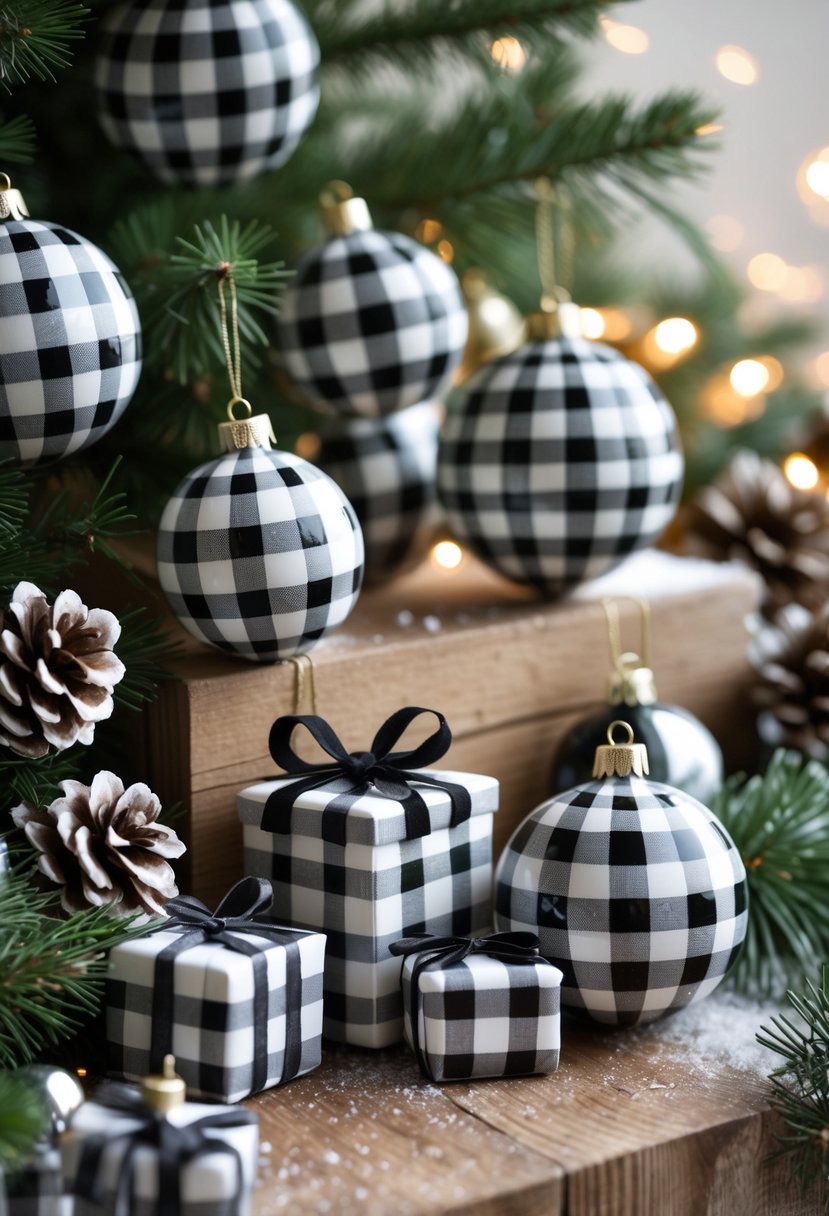 A collection of black and white buffalo check patterned Christmas baubles and decorations arranged on a wooden surface with pine branches and pinecones.