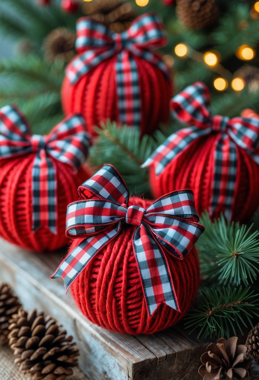 Red yarn Christmas ornaments decorated with red and black buffalo check ribbons arranged on a wooden surface with pine branches and pine cones.