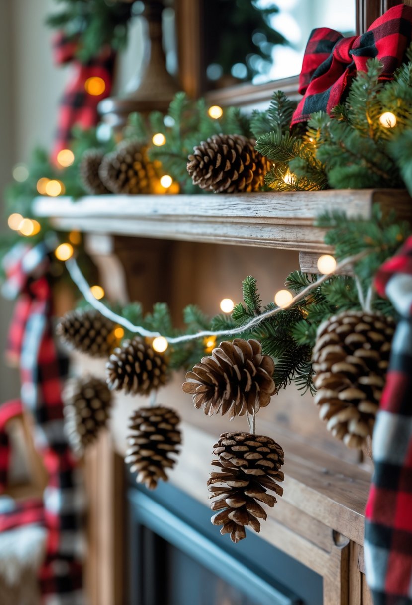 Buffalo check pinecone garlands draped on a wooden mantel with pinecones, evergreen sprigs, and warm fairy lights in a cozy Christmas setting.