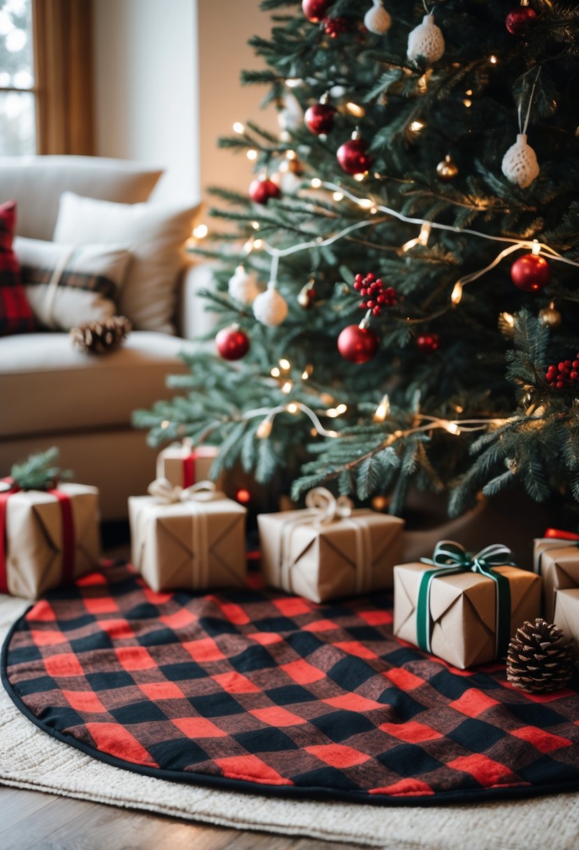 Christmas tree with a red and black buffalo check tree skirt surrounded by holiday decorations and wrapped gifts.
