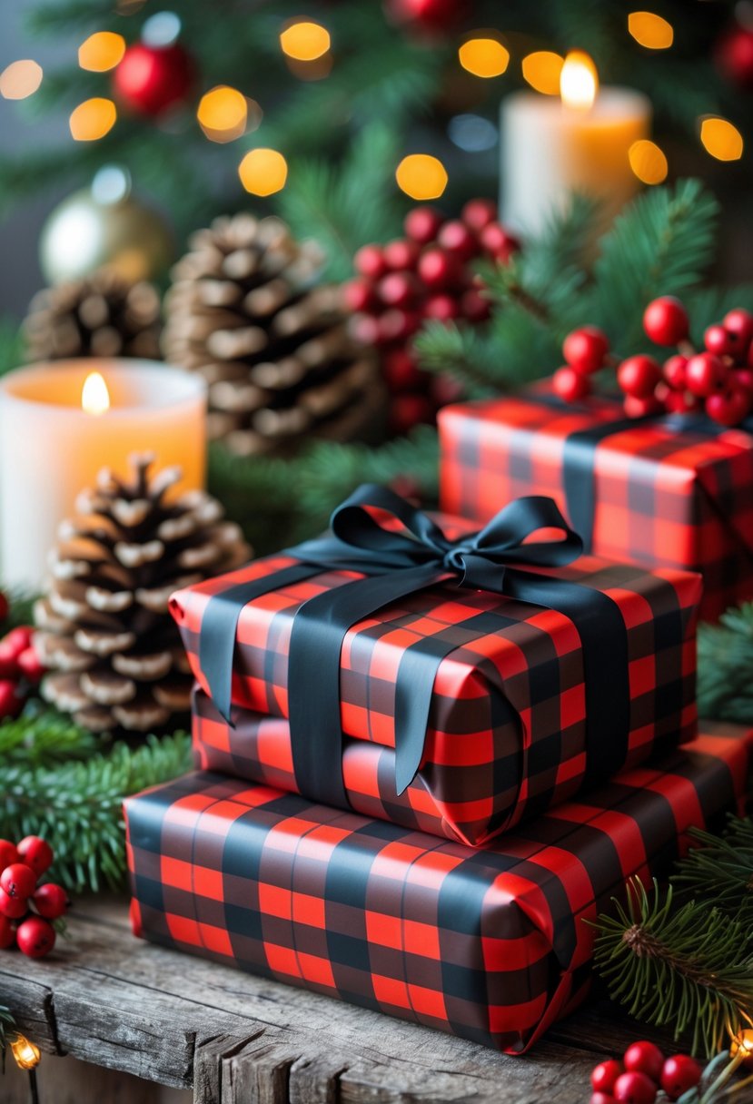 Wrapped Christmas gifts with red and black buffalo check paper on a wooden table surrounded by pine branches, pine cones, and holiday decorations.