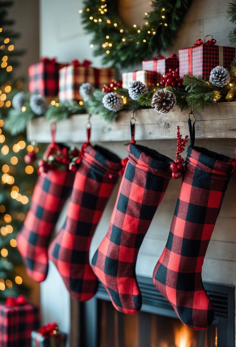 Buffalo check-print Christmas stockings hanging on a wooden mantel surrounded by pine garlands, pinecones, fairy lights, and wrapped gifts.