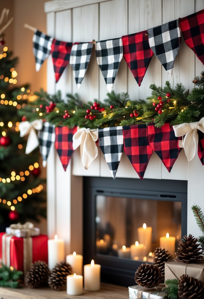 A cozy Christmas scene featuring multiple buffalo check fabric banners and festive decorations like pine cones, evergreen branches, and candles arranged on a wooden mantel.