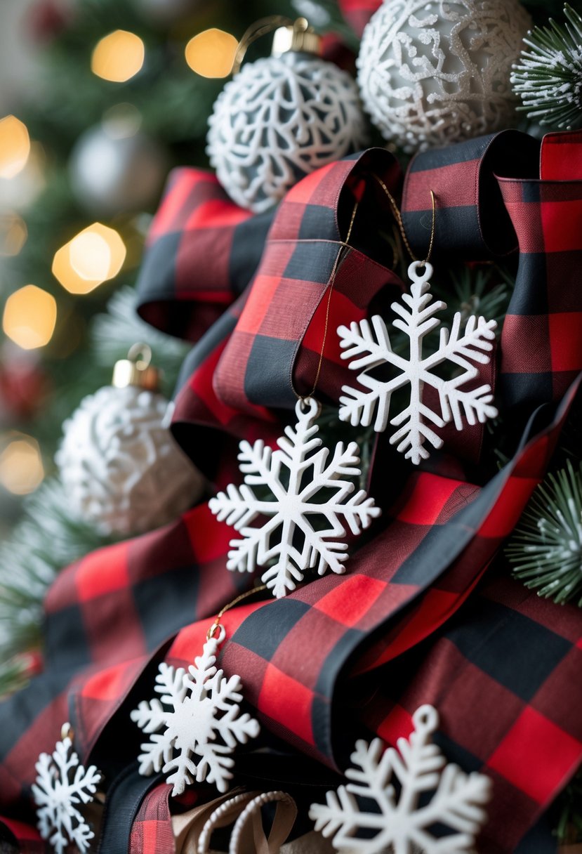 Close-up of snowflake ornaments layered over red and black buffalo check ribbons arranged for Christmas decoration.