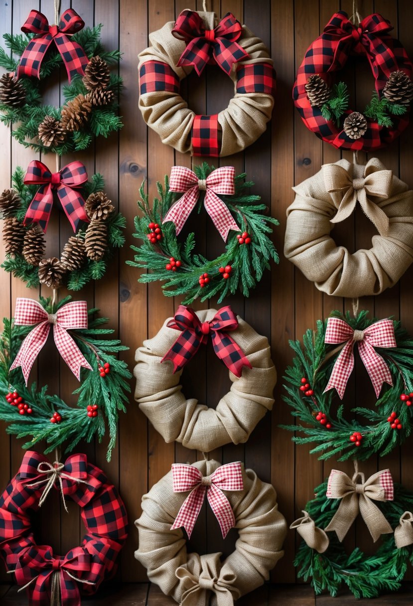 A collection of fifteen Christmas wreaths made from buffalo check fabric and burlap, decorated with pinecones, evergreen sprigs, and red berries, displayed on a wooden surface.