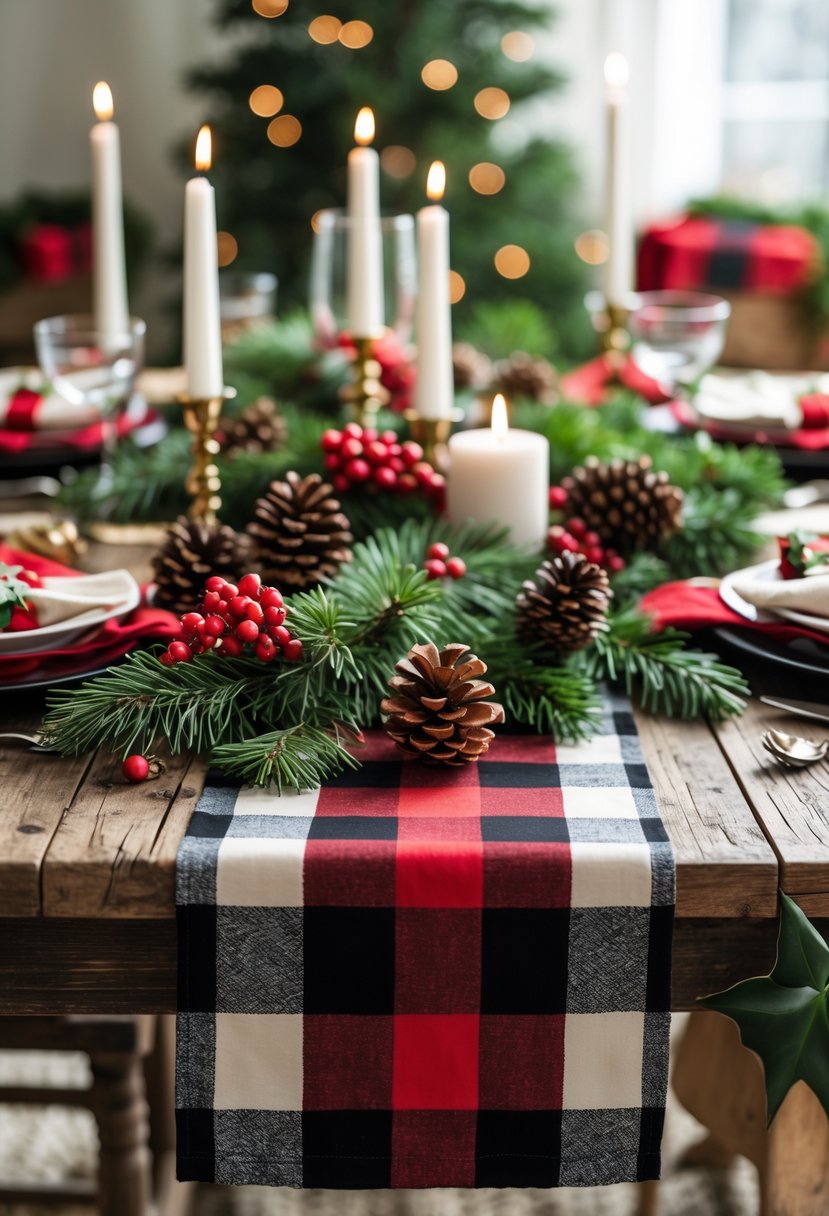 A decorated Christmas dining table with red and black buffalo check table runners, pinecones, evergreen branches, candles, and small gifts.
