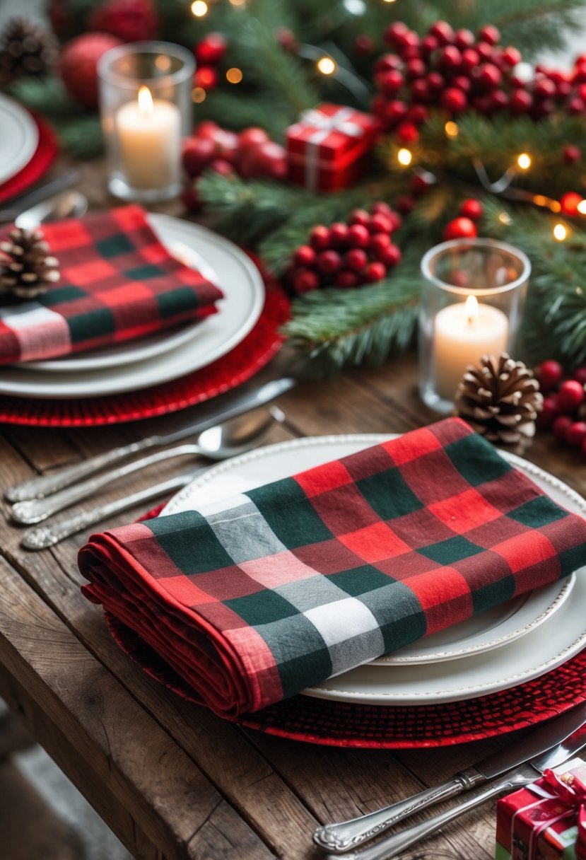 A Christmas table setting with buffalo check napkins with red accents, decorated with pine branches, red berries, candles, and festive ornaments on a wooden table.