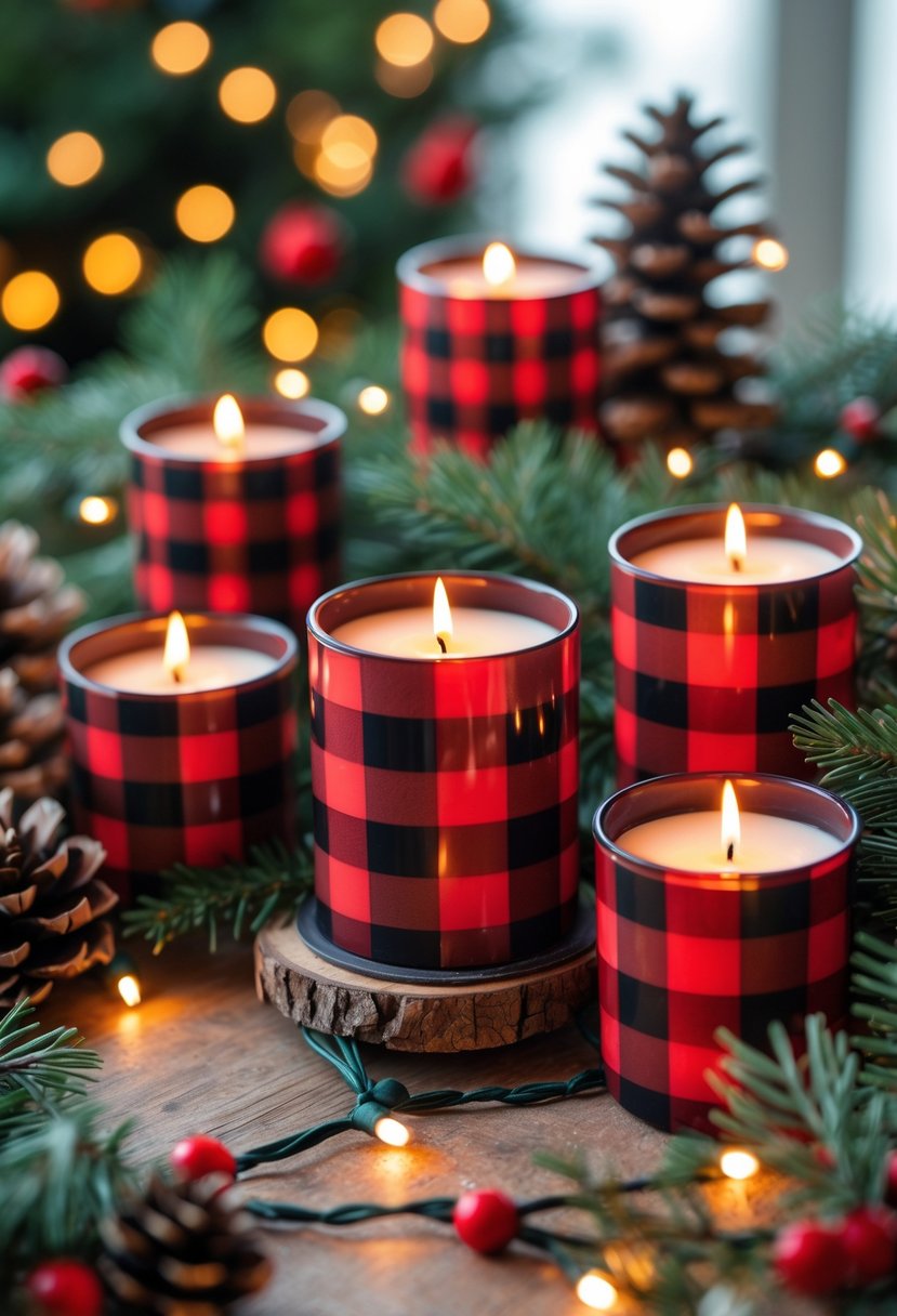 A cozy Christmas scene with buffalo check candle holders glowing warmly on a wooden surface surrounded by pine branches, pinecones, and red berries.