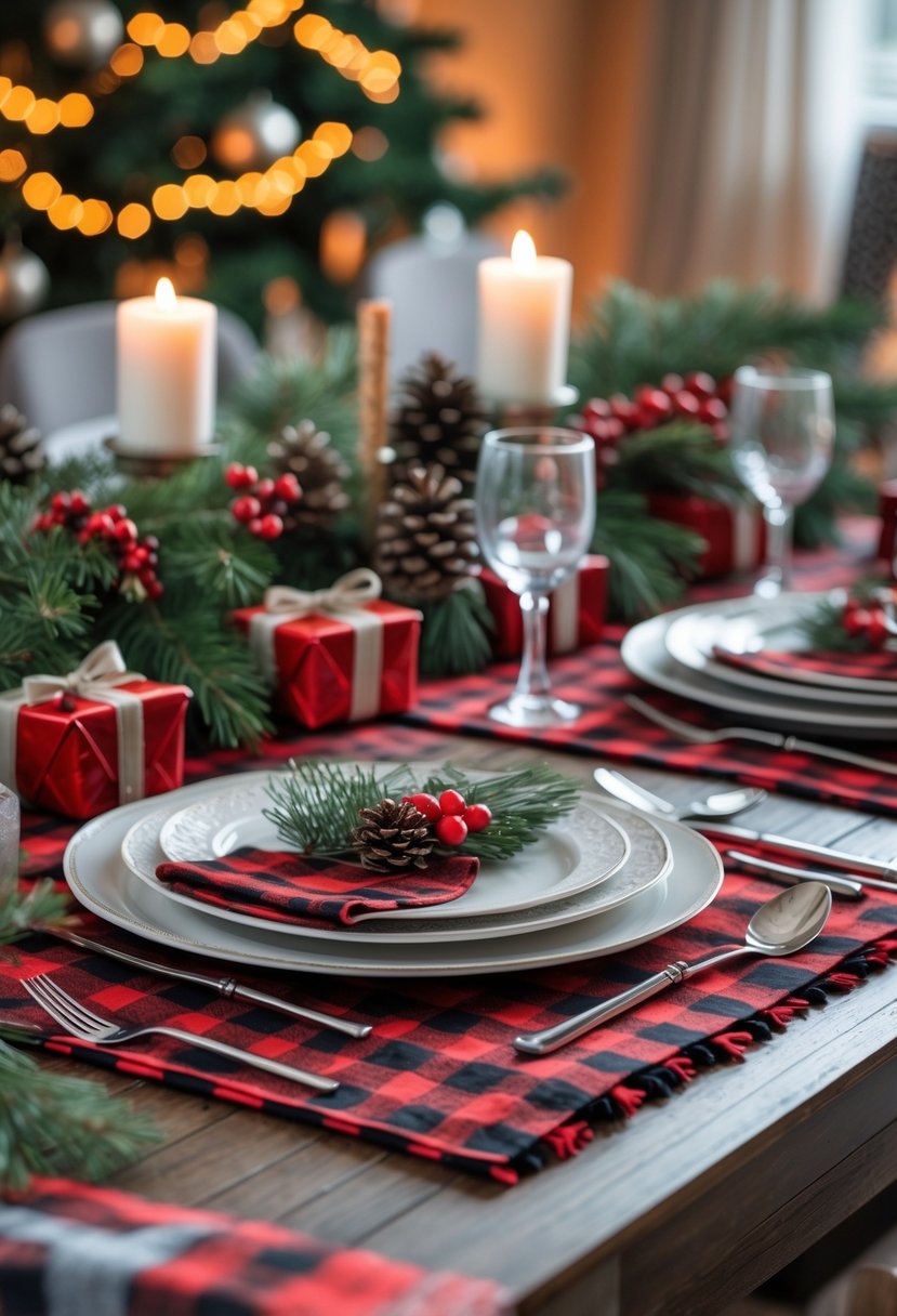 A Christmas dining table set with red and black buffalo check placemats, decorated with pine branches, pinecones, and holiday ornaments.