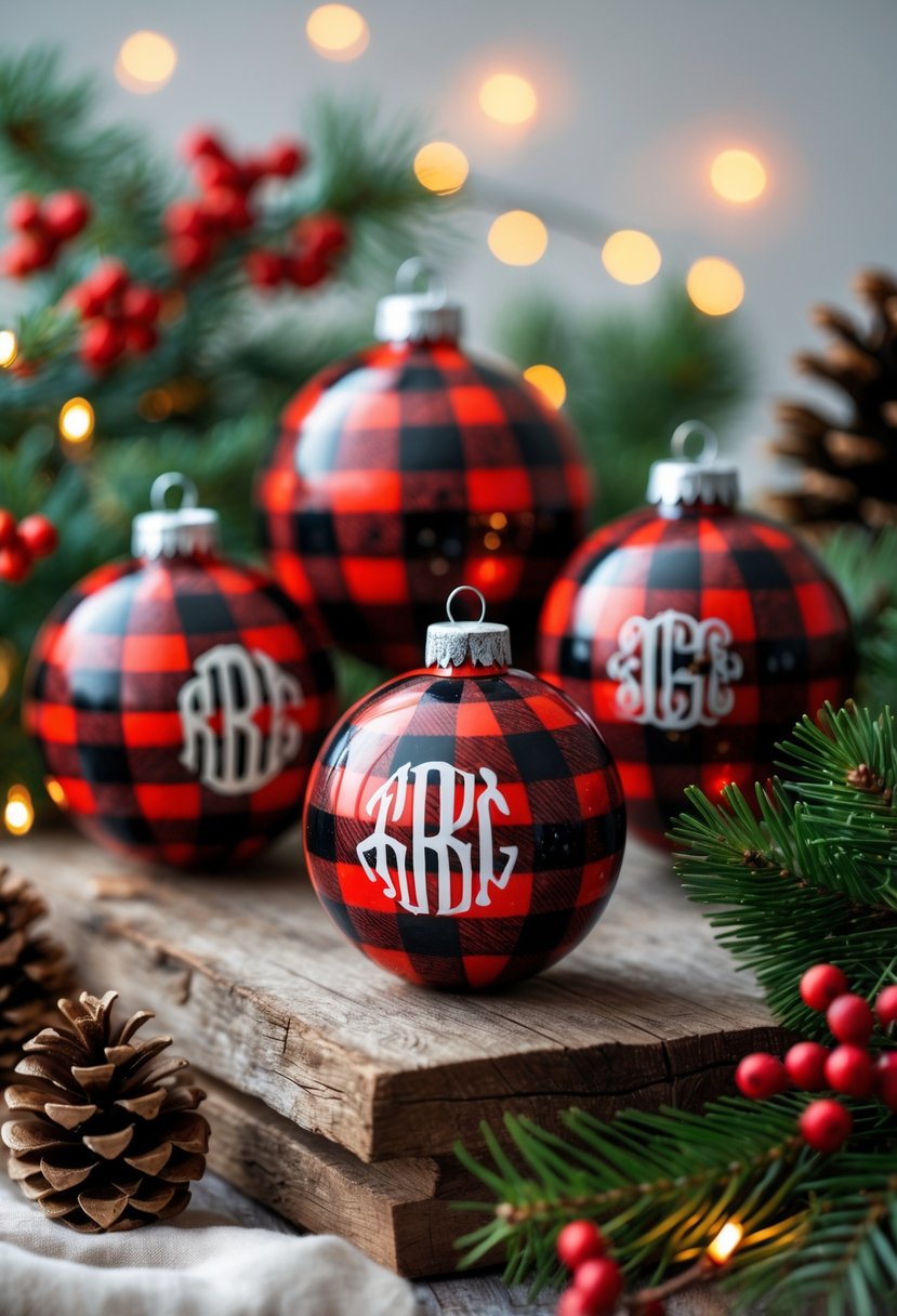 A collection of monogrammed red and black buffalo check Christmas ornaments arranged with pine branches, pinecones, and holiday lights on a wooden surface.