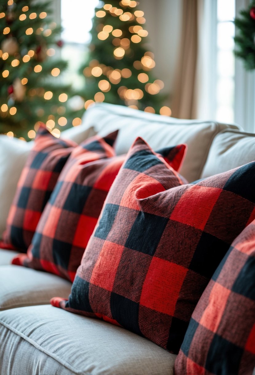 A living room with red and black buffalo check throw pillows on a sofa, decorated with Christmas garlands and a tree in the background.