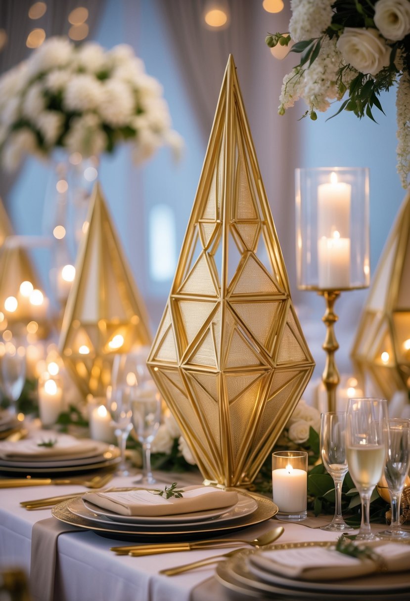 A wedding reception table with gold geometric centerpieces, white flowers, candles, and glassware arranged elegantly.