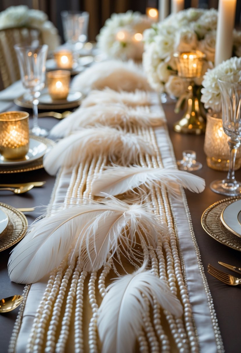 Wedding table set with feather and pearl table runners, gold accents, crystal glassware, candles, and white flowers.