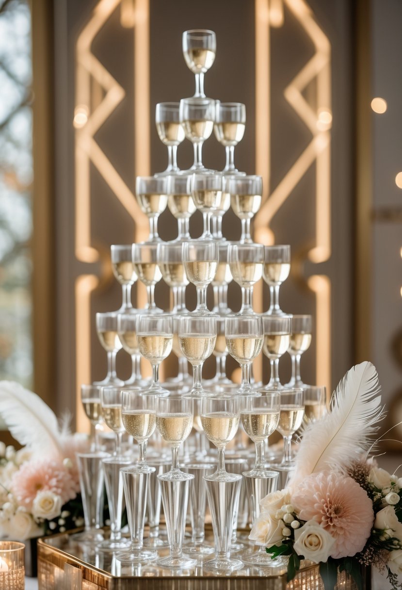 A pyramid of crystal champagne glasses filled with sparkling champagne, surrounded by elegant wedding decorations including flowers and gold accents.