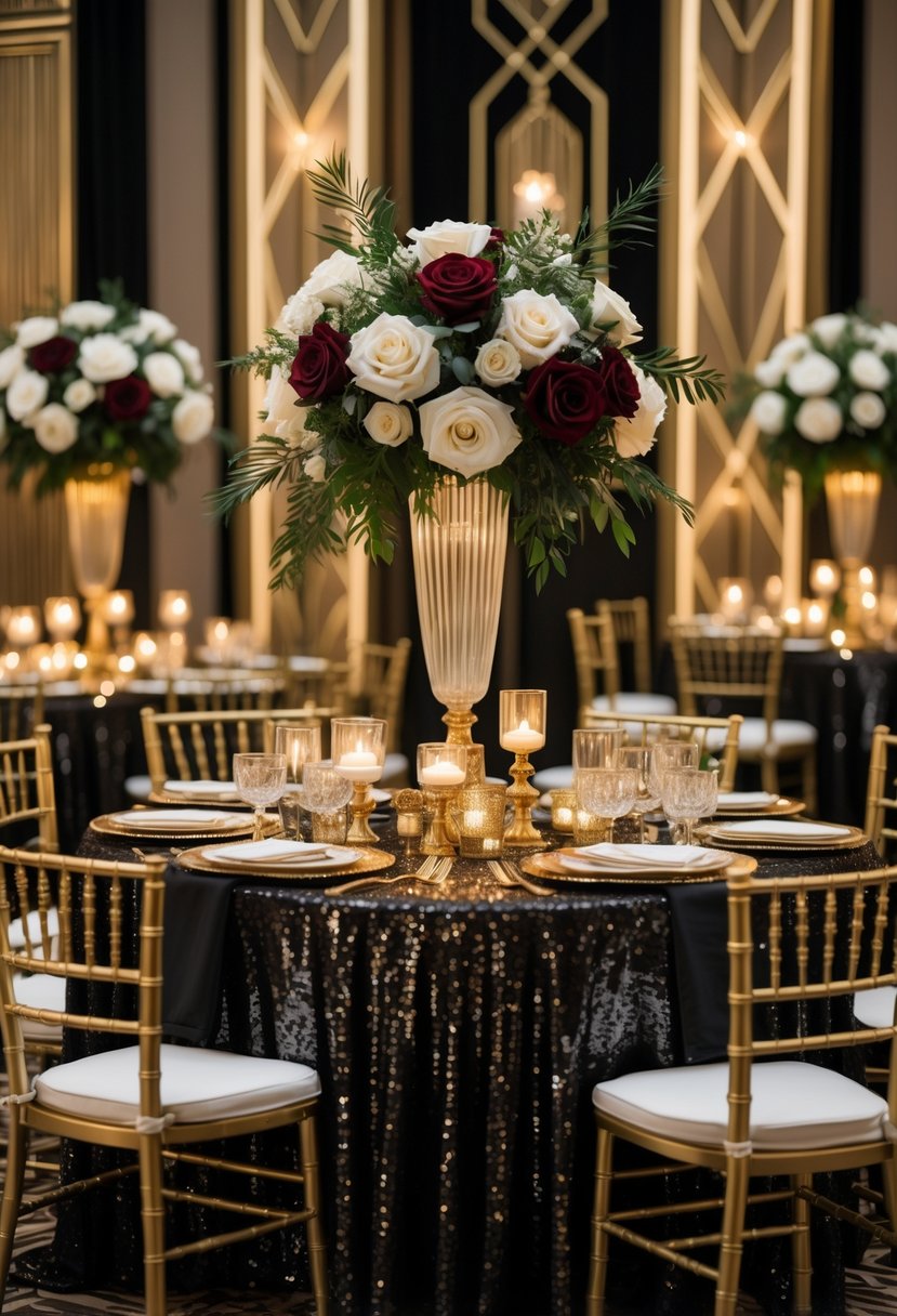 Wedding reception tables covered with black and gold sequin tablecloths, decorated with floral centerpieces and elegant glassware.
