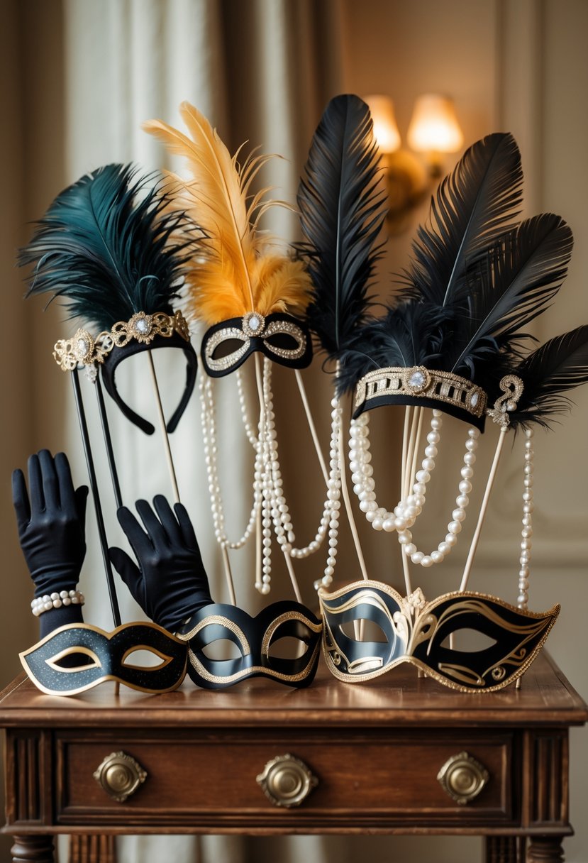 A collection of vintage wedding photo booth props including feathered headbands, pearl necklaces, masks, and fans arranged on a wooden table.
