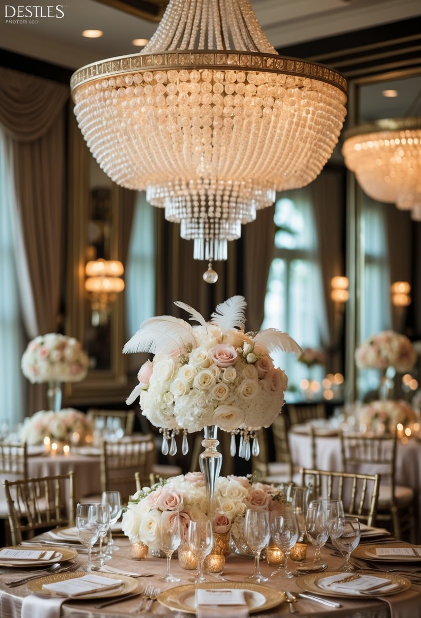 A wedding reception area with a pearl chandelier hanging above tables decorated with flowers, candles, and elegant table settings.