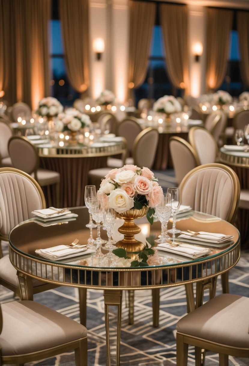 A wedding reception area with mirror-topped cocktail tables decorated with flowers and elegant table settings in a softly lit room.